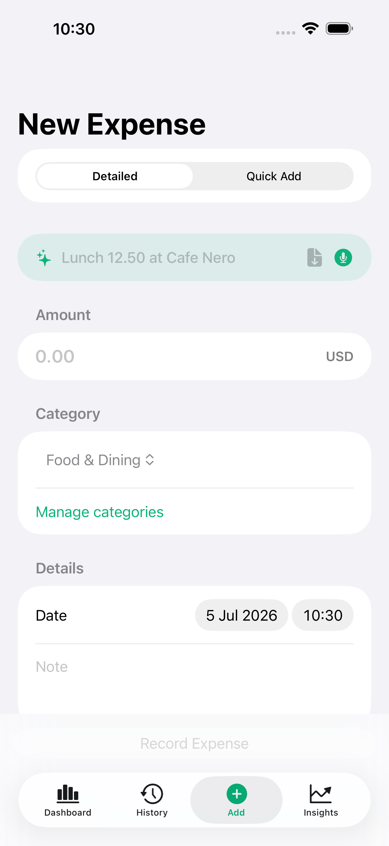 Nudgit quick entry screen