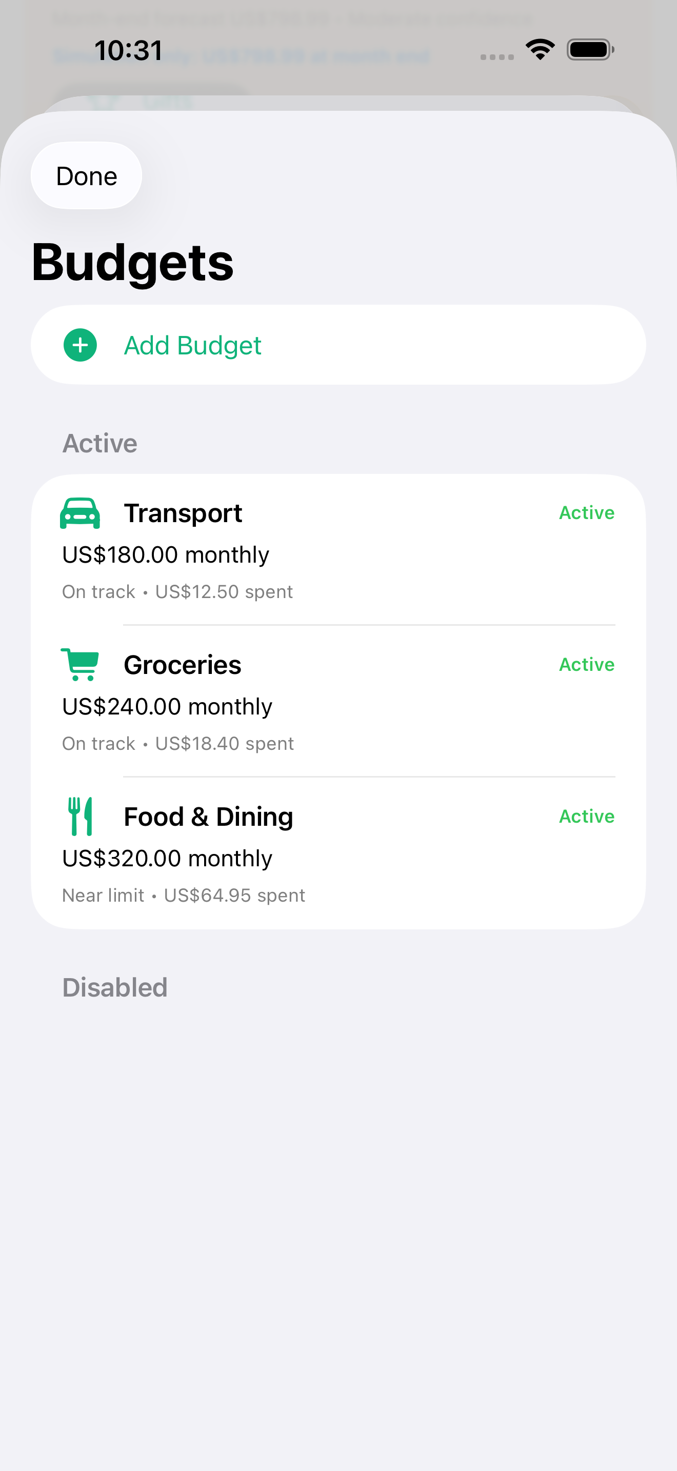 Budgets screen