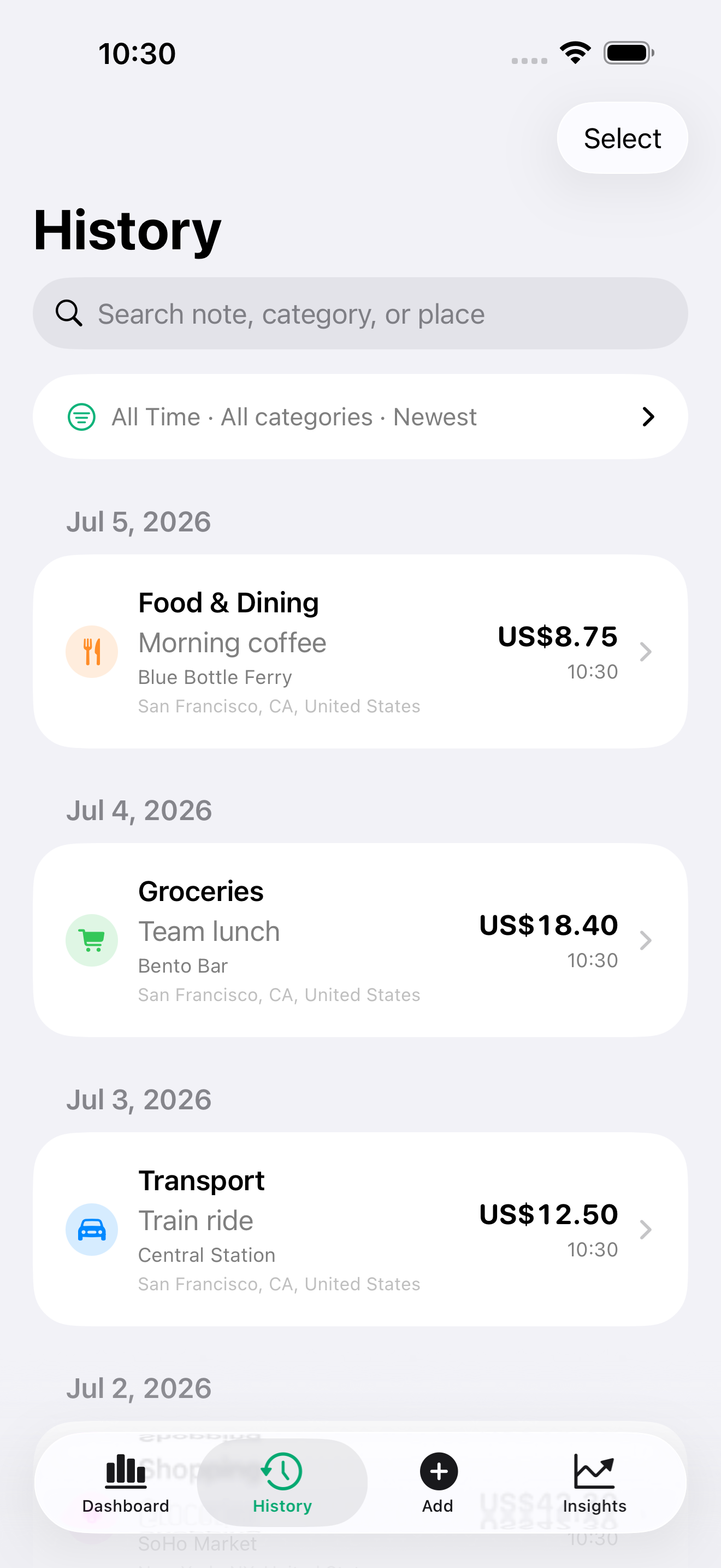 History and filters screen
