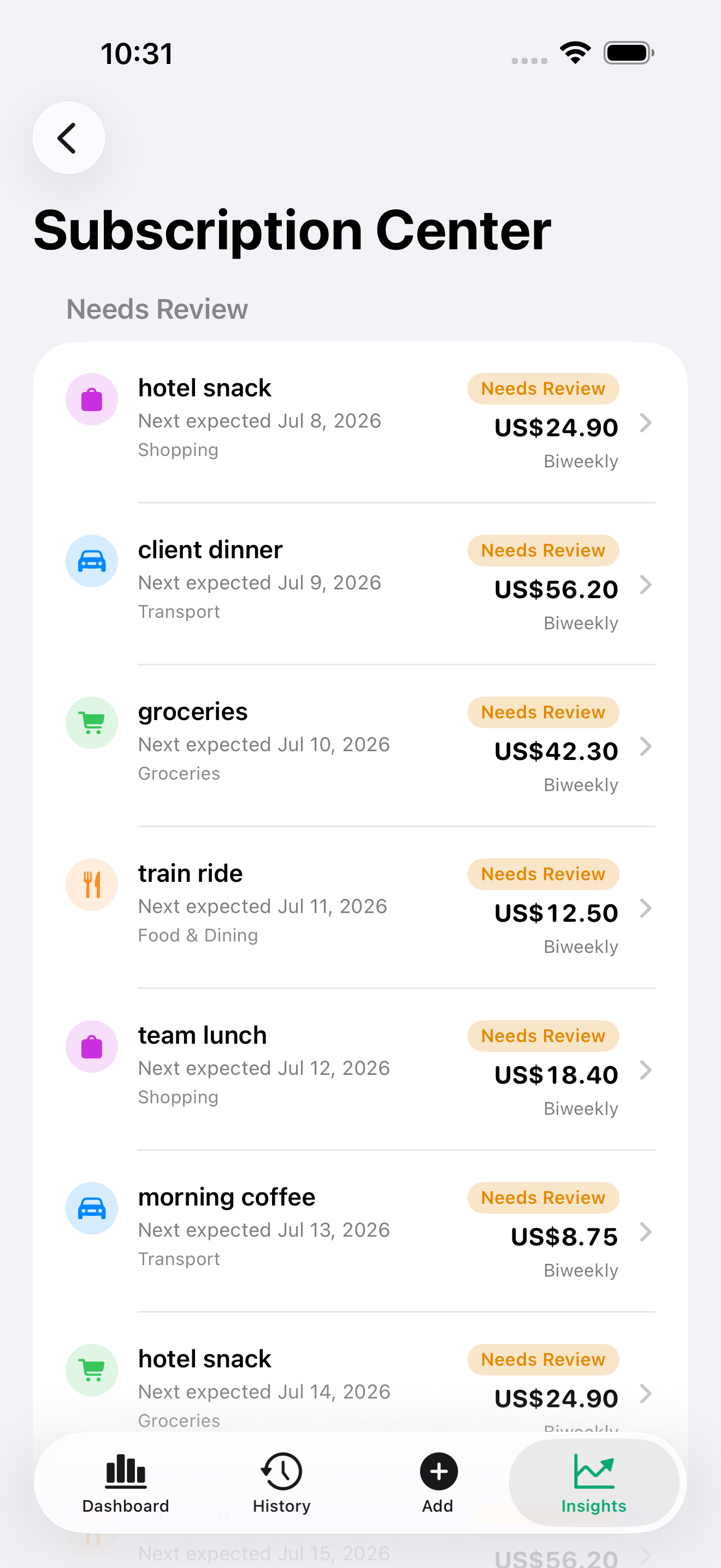 Subscription center screen